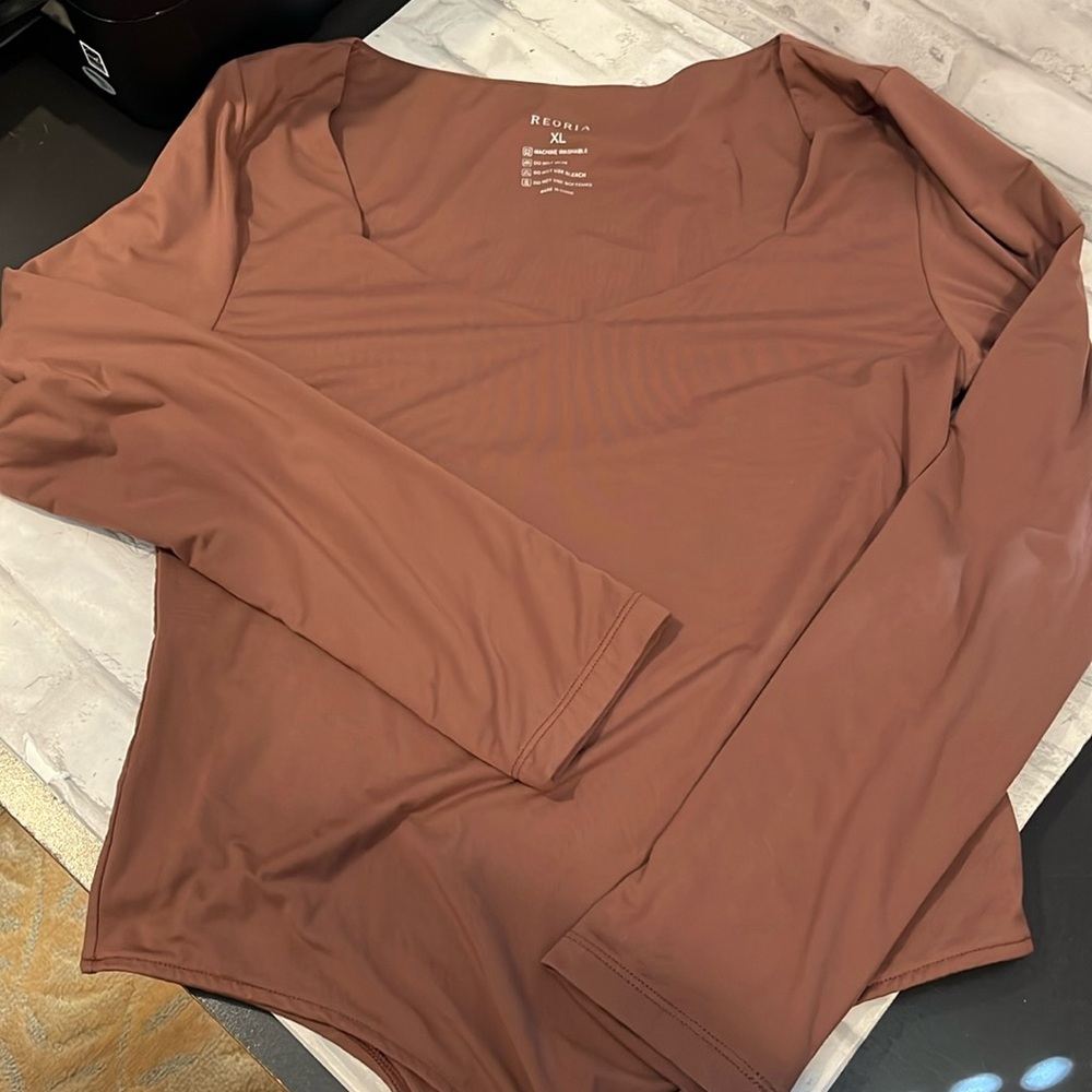 REORIA camel brown XL bodysuit top soft 2 layer shirt long sleeve